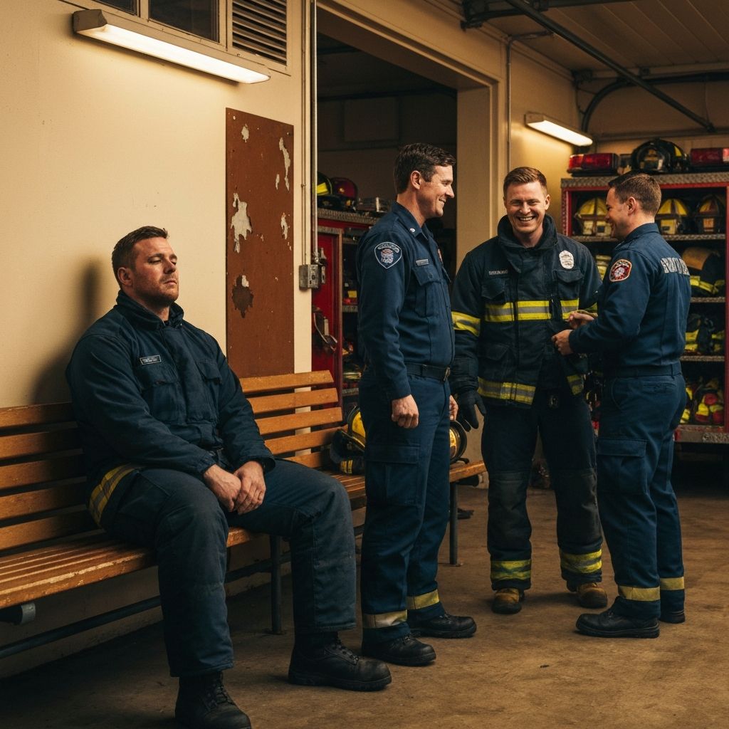 First responders at a station in a quiet moment between calls, showing the human side of public safety work